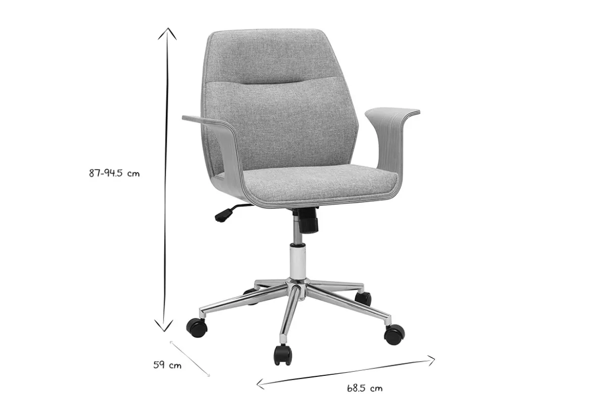 Chaise de bureau à roulettes design en tissu effet velours texturé gris, bois clair et acier chromé RUFIN