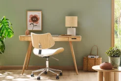 Chaise de bureau à roulettes design noir, bois foncé noyer et métal noir MALMO