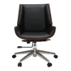 Chaise de bureau à roulettes design noir, bois foncé noyer et acier chromé CURVED