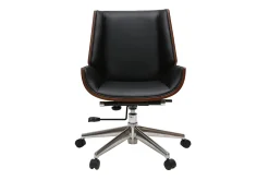 Chaise de bureau à roulettes design noir, bois foncé noyer et acier chromé CURVED