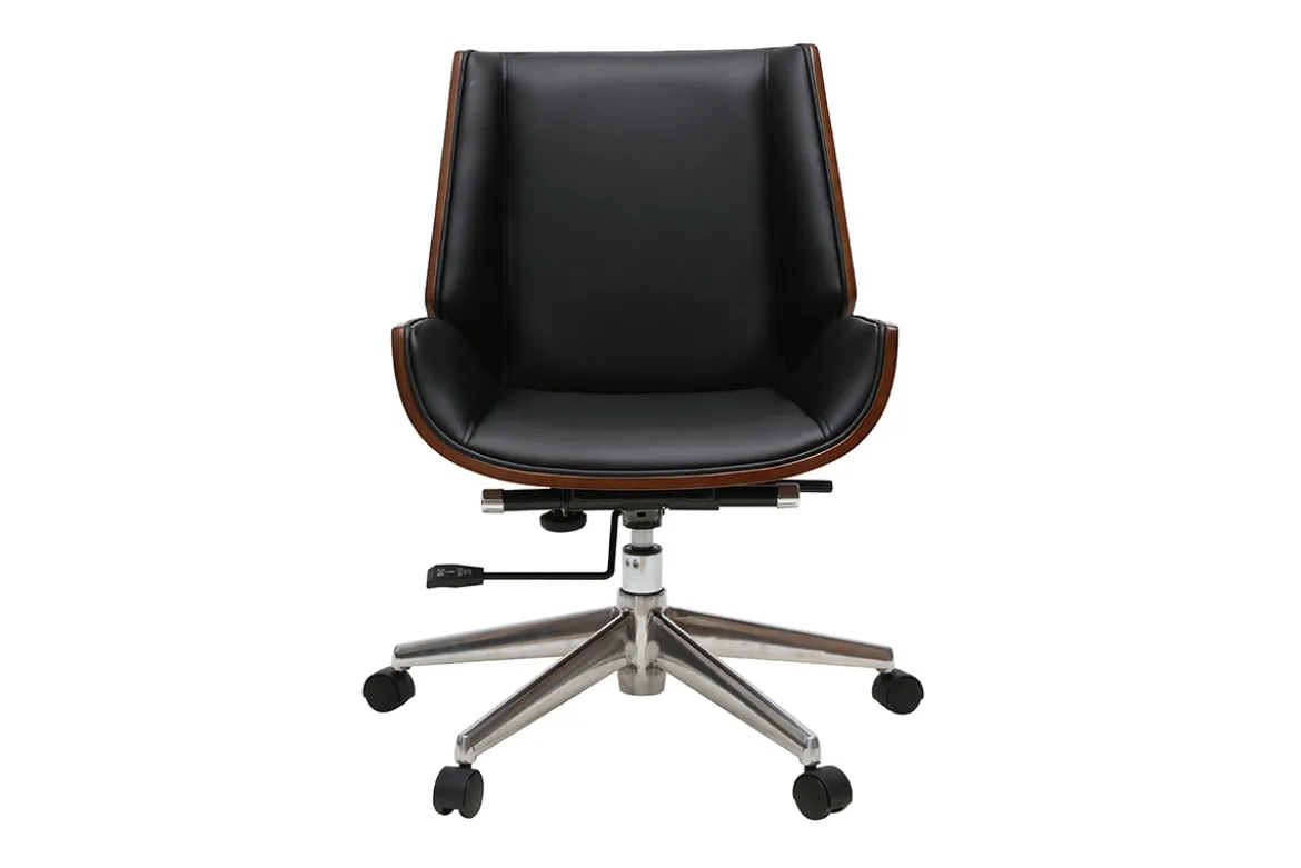 Chaise de bureau à roulettes design noir, bois foncé noyer et acier chromé CURVED