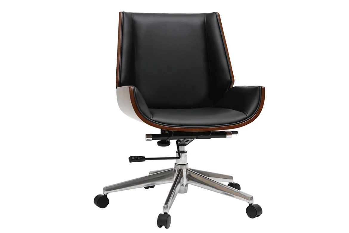 Chaise de bureau à roulettes design noir, bois foncé noyer et acier chromé CURVED
