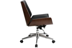 Chaise de bureau à roulettes design noir, bois foncé noyer et acier chromé CURVED