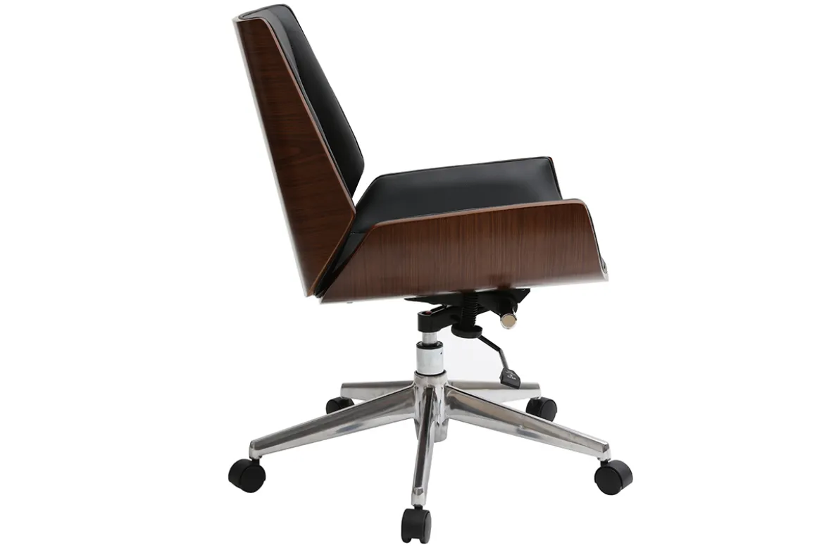 Chaise de bureau à roulettes design noir, bois foncé noyer et acier chromé CURVED