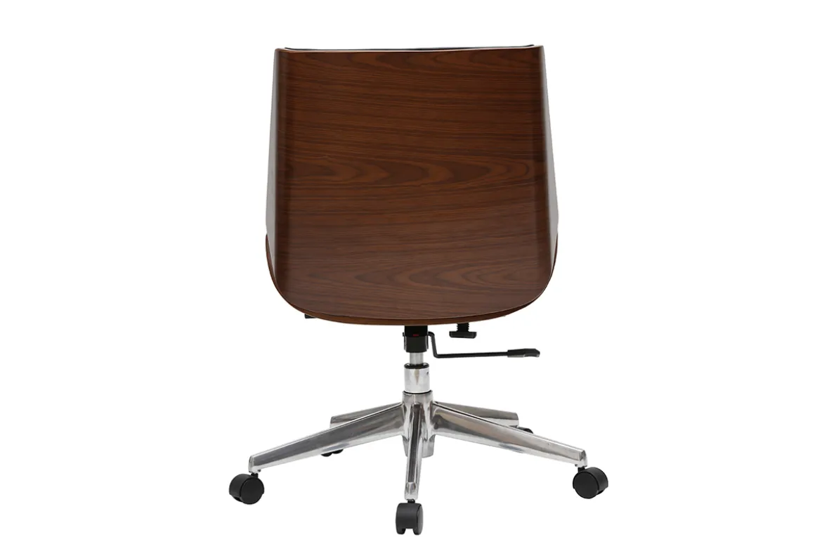 Chaise de bureau à roulettes design noir, bois foncé noyer et acier chromé CURVED