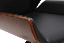 Chaise de bureau à roulettes design noir, bois foncé noyer et acier chromé CURVED