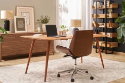 Chaise de bureau à roulettes design noir, bois foncé noyer et acier chromé CURVED