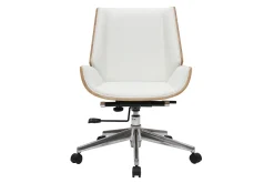Chaise de bureau à roulettes design blanc, bois clair et acier chromé CURVED
