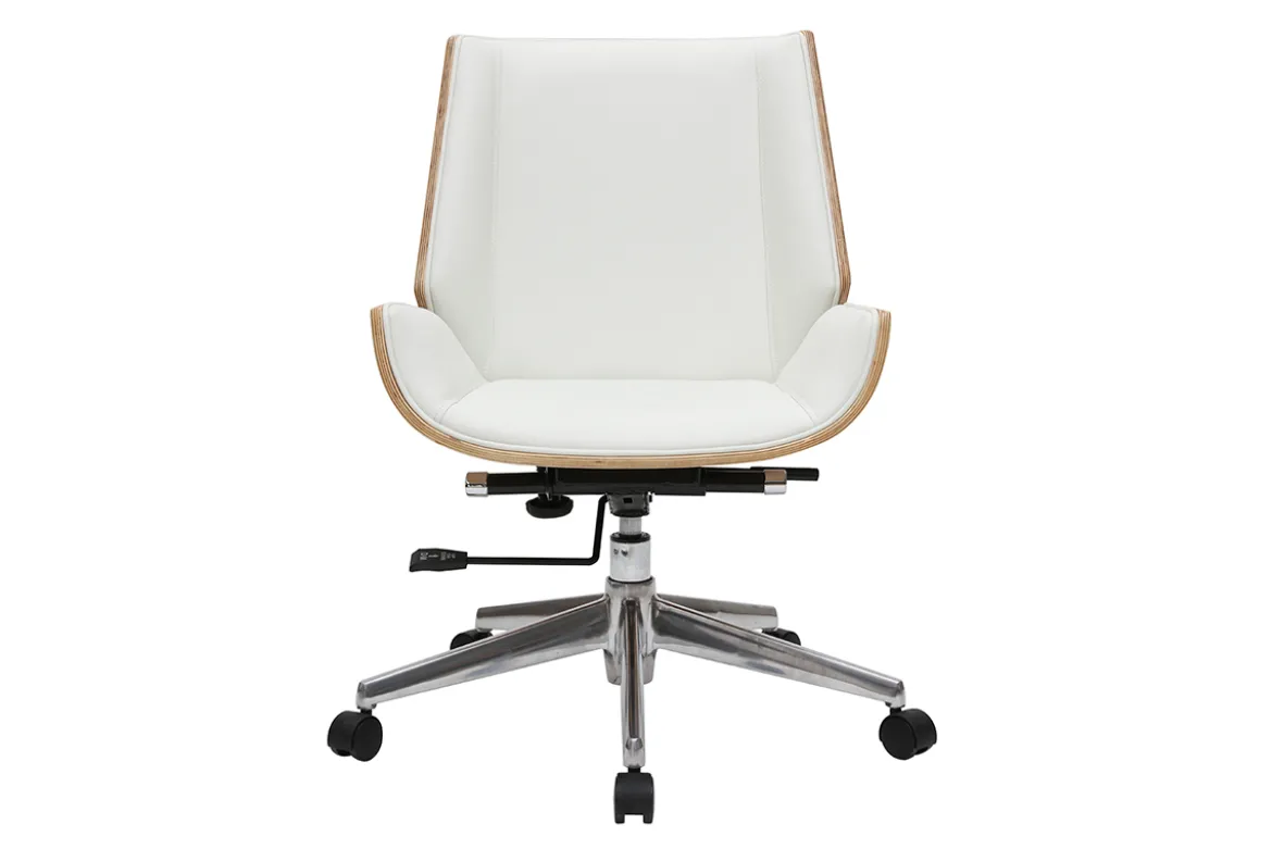 Chaise de bureau à roulettes design blanc, bois clair et acier chromé CURVED