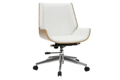 Chaise de bureau à roulettes design blanc, bois clair et acier chromé CURVED