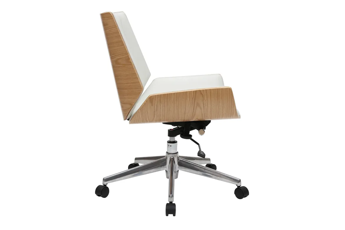 Chaise de bureau à roulettes design blanc, bois clair et acier chromé CURVED