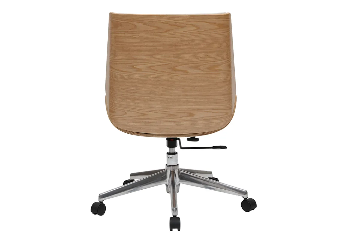 Chaise de bureau à roulettes design blanc, bois clair et acier chromé CURVED