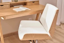 Chaise de bureau à roulettes design blanc, bois clair et acier chromé CURVED