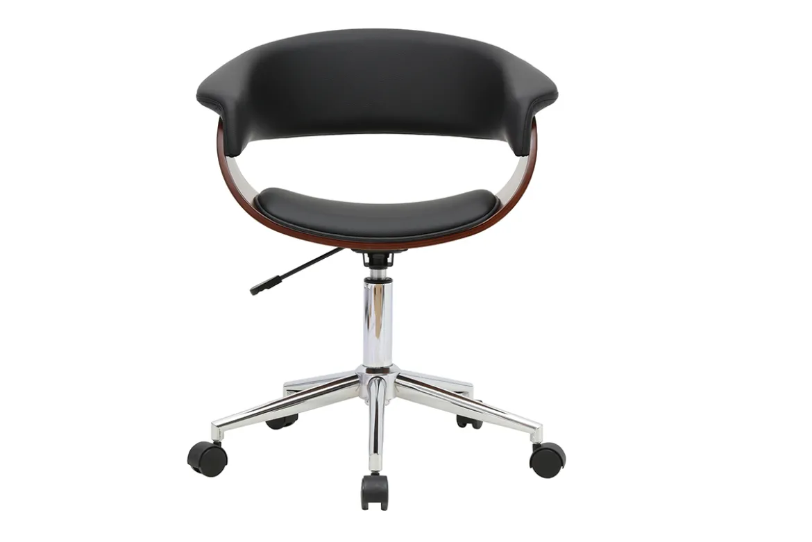 Chaise de bureau à roulettes design noire, bois foncé et acier chromé OKTAV