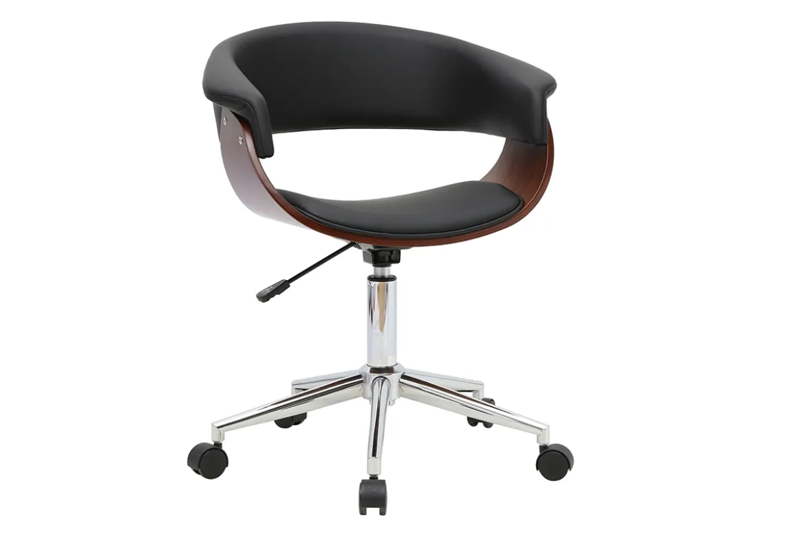 Chaise de bureau à roulettes design noire, bois foncé et acier chromé OKTAV