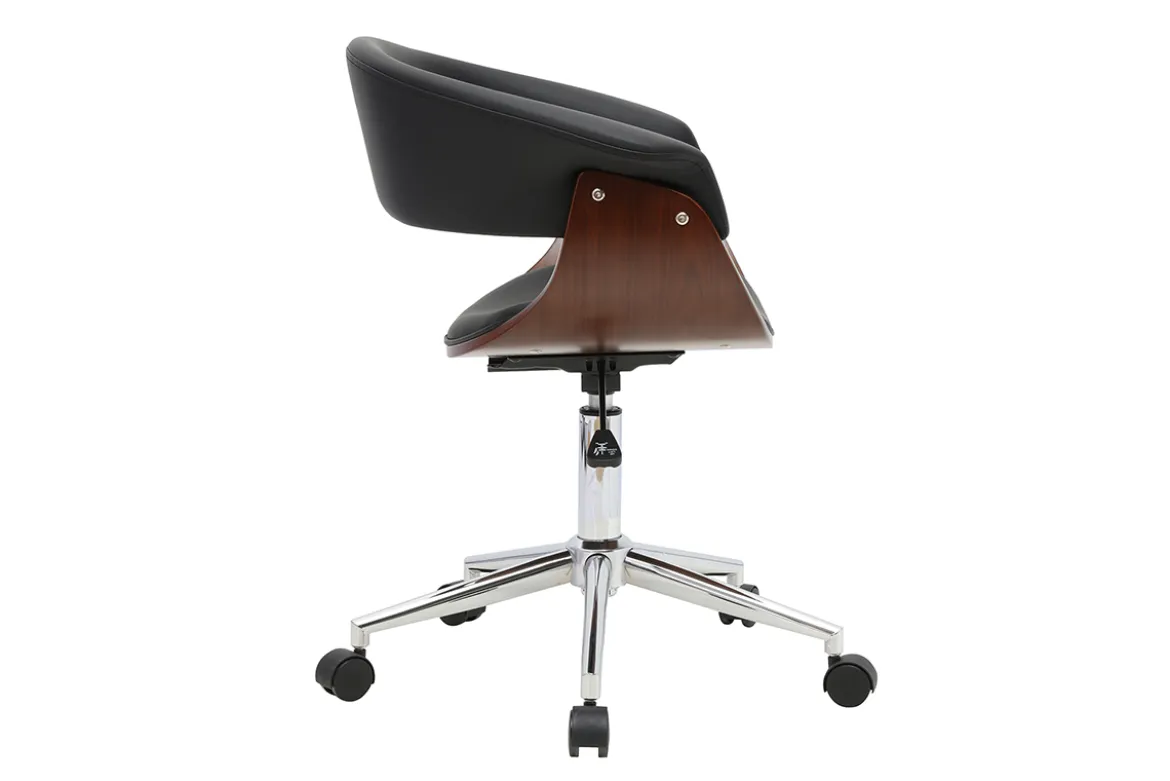 Chaise de bureau à roulettes design noire, bois foncé et acier chromé OKTAV