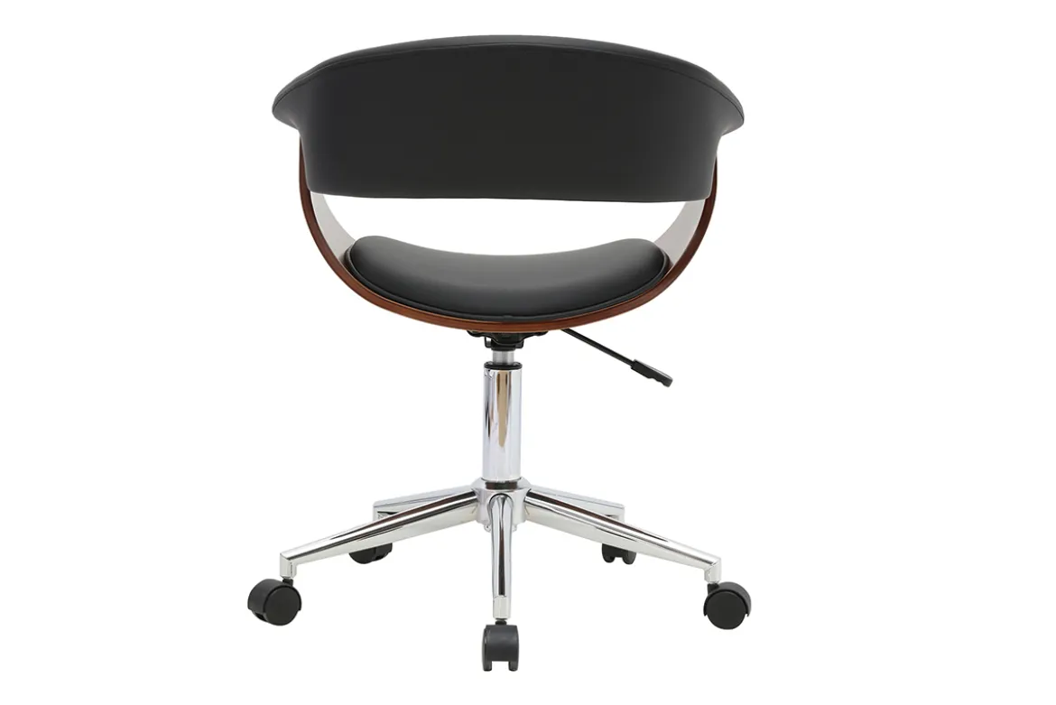 Chaise de bureau à roulettes design noire, bois foncé et acier chromé OKTAV