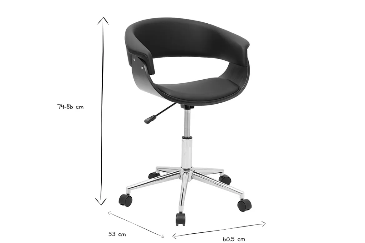 Chaise de bureau à roulettes design noire, bois foncé et acier chromé OKTAV