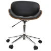 Chaise de bureau à roulettes design noir, bois foncé noyer et acier chromé WALNUT