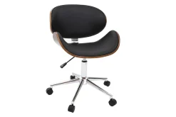 Chaise de bureau à roulettes design noir, bois foncé noyer et acier chromé WALNUT