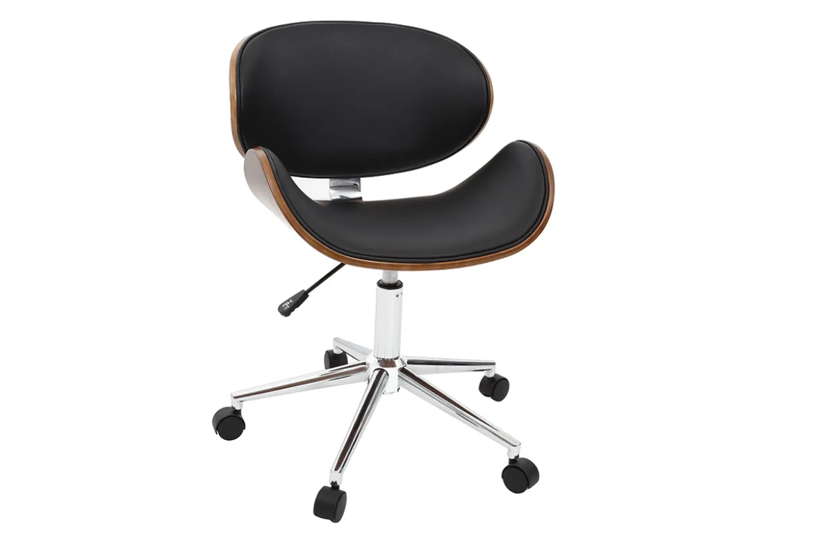 Chaise de bureau à roulettes design noir, bois foncé noyer et acier chromé WALNUT
