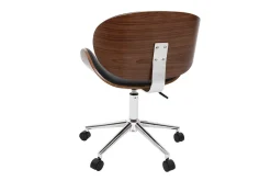 Chaise de bureau à roulettes design noir, bois foncé noyer et acier chromé WALNUT