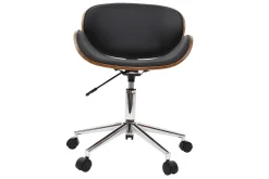 Chaise de bureau à roulettes design noir, bois foncé noyer et acier chromé WALNUT