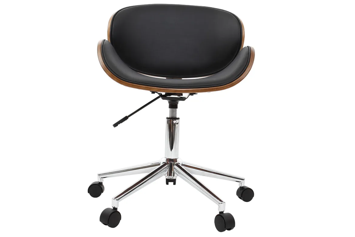 Chaise de bureau à roulettes design noir, bois foncé noyer et acier chromé WALNUT