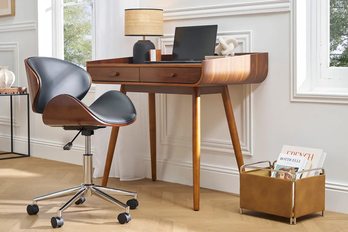 Chaise de bureau à roulettes design noir, bois foncé noyer et acier chromé WALNUT