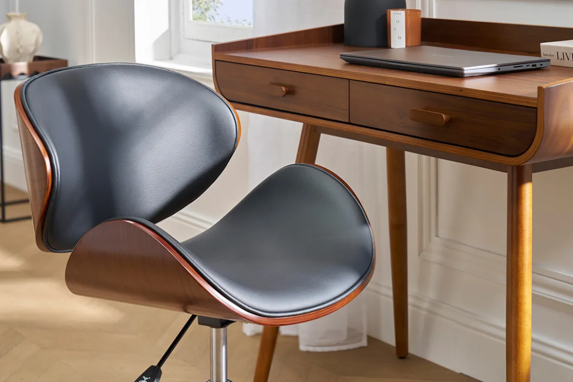 Chaise de bureau à roulettes design noir, bois foncé noyer et acier chromé WALNUT