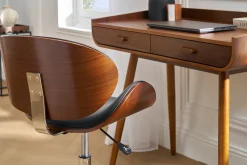 Chaise de bureau à roulettes design noir, bois foncé noyer et acier chromé WALNUT