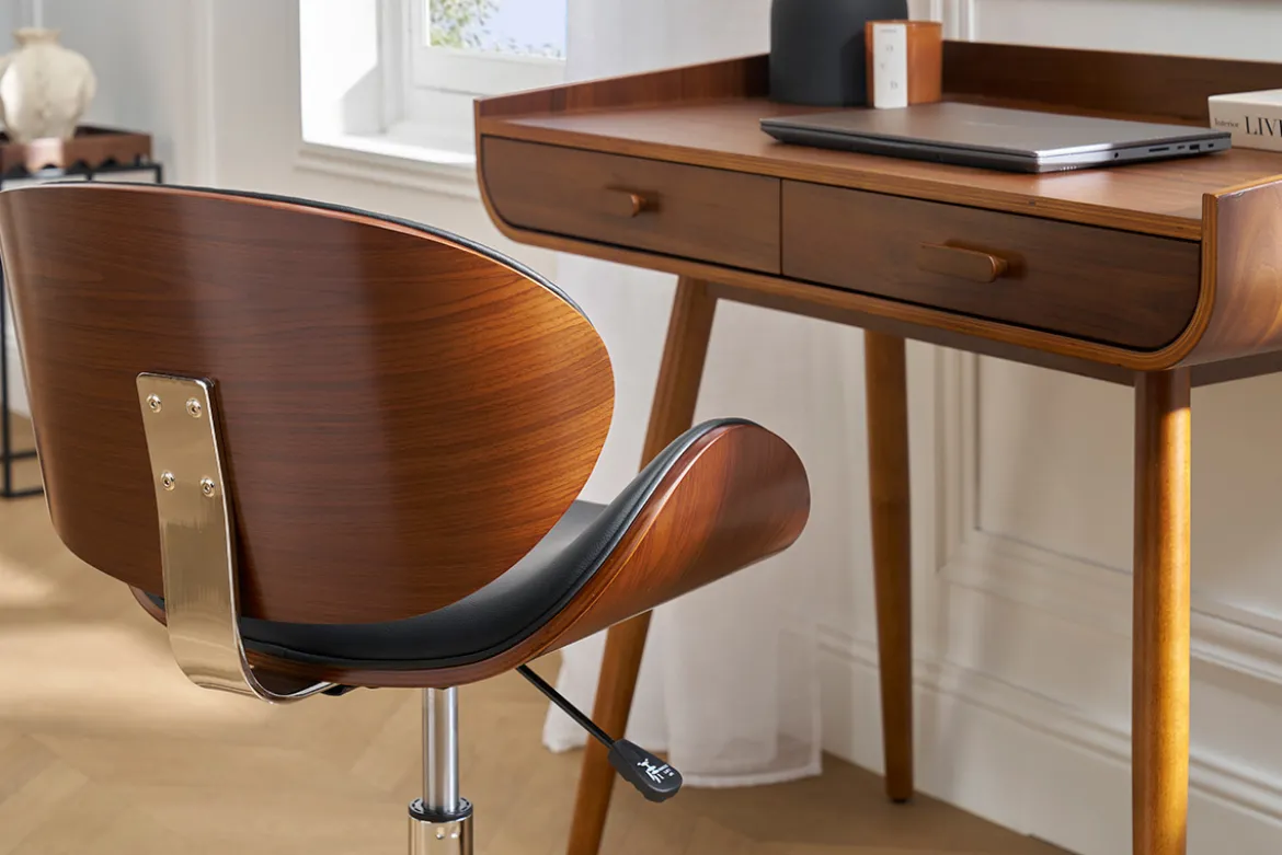 Chaise de bureau à roulettes design noir, bois foncé noyer et acier chromé WALNUT