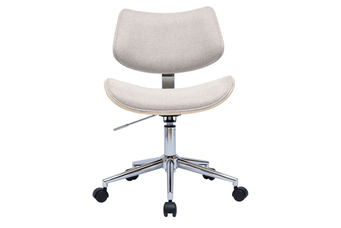 Chaise de bureau à roulettes design en tissu effet velours texturé beige, bois clair chêne et métal MALMO