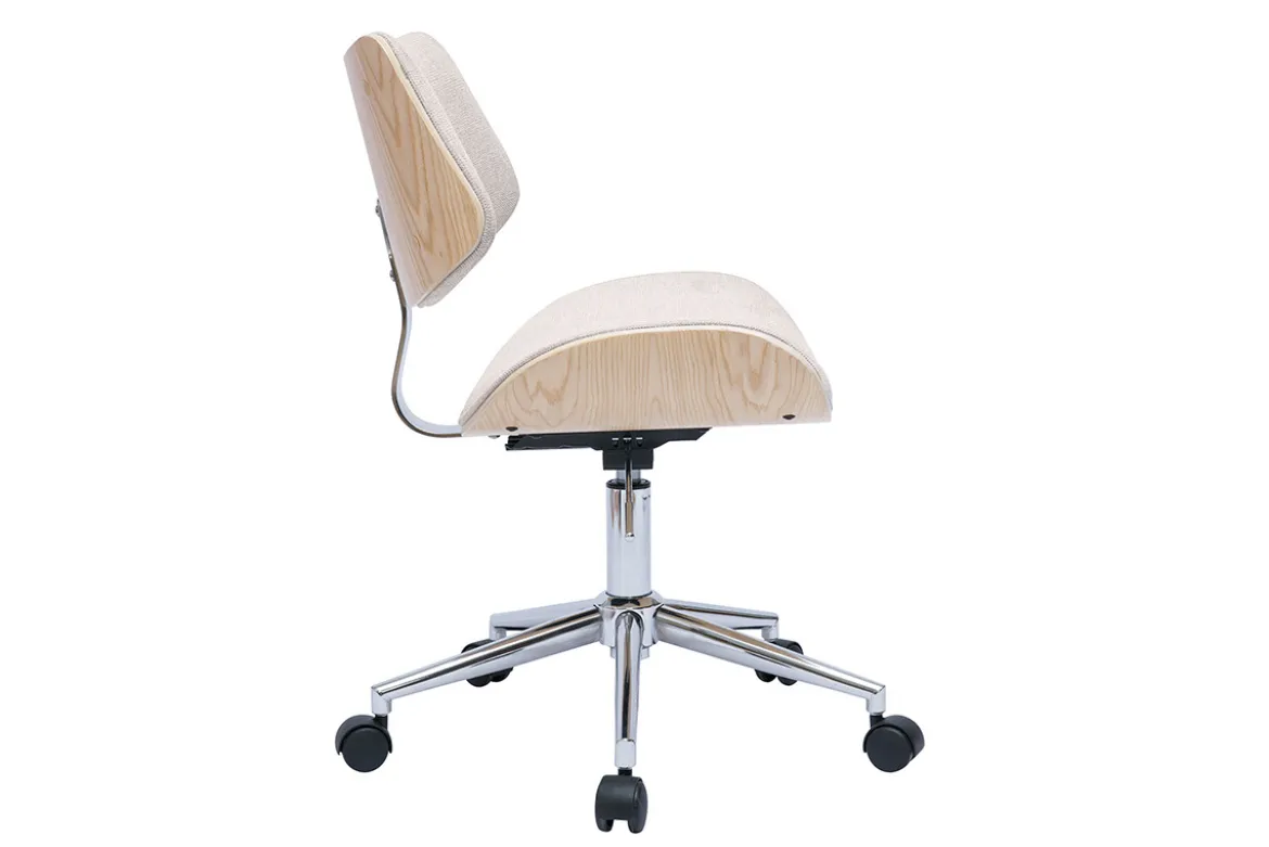 Chaise de bureau à roulettes design en tissu effet velours texturé beige, bois clair chêne et métal MALMO