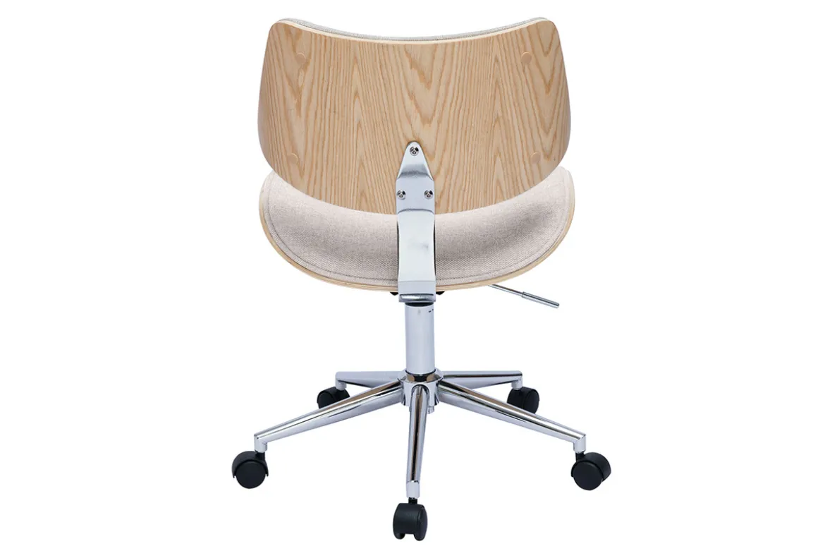 Chaise de bureau à roulettes design en tissu effet velours texturé beige, bois clair chêne et métal MALMO