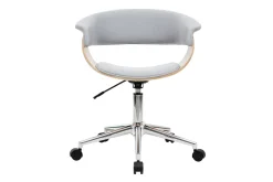 Chaise de bureau à roulettes design en tissu gris clair, bois clair et acier chromé OKTAV