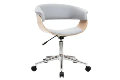 Chaise de bureau à roulettes design en tissu gris clair, bois clair et acier chromé OKTAV