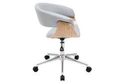 Chaise de bureau à roulettes design en tissu gris clair, bois clair et acier chromé OKTAV
