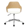 Chaise de bureau à roulettes design blanc, bois clair chêne et acier chromé JANET
