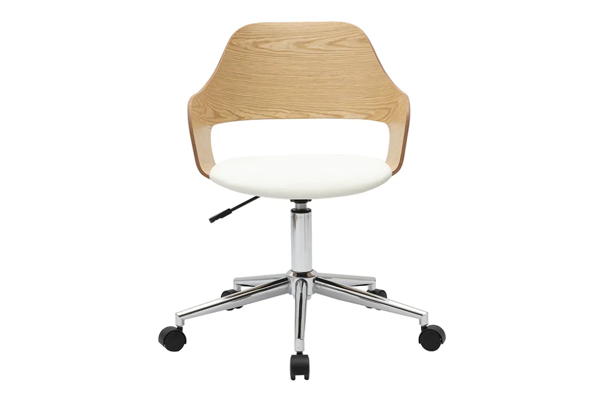 Chaise de bureau à roulettes design blanc, bois clair chêne et acier chromé JANET