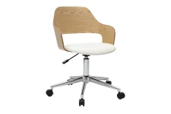 Chaise de bureau à roulettes design blanc, bois clair chêne et acier chromé JANET