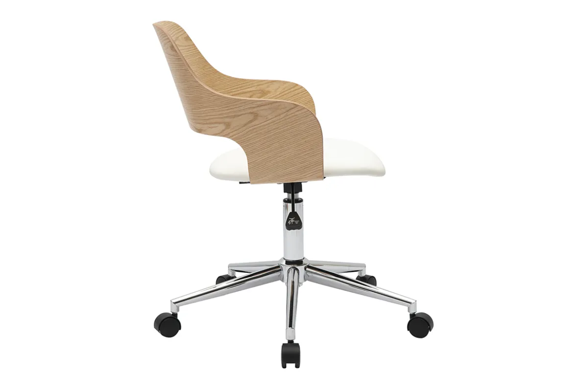Chaise de bureau à roulettes design blanc, bois clair chêne et acier chromé JANET