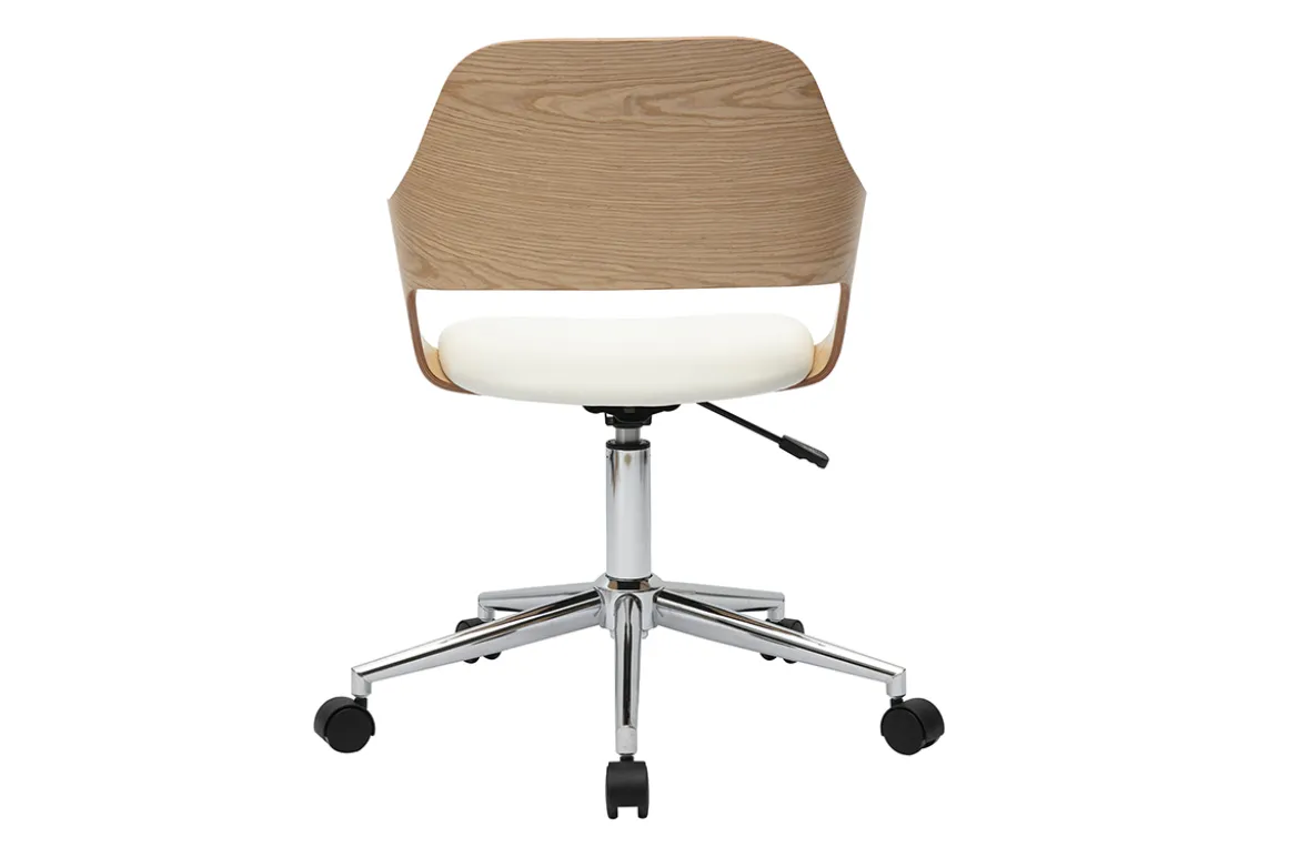 Chaise de bureau à roulettes design blanc, bois clair chêne et acier chromé JANET