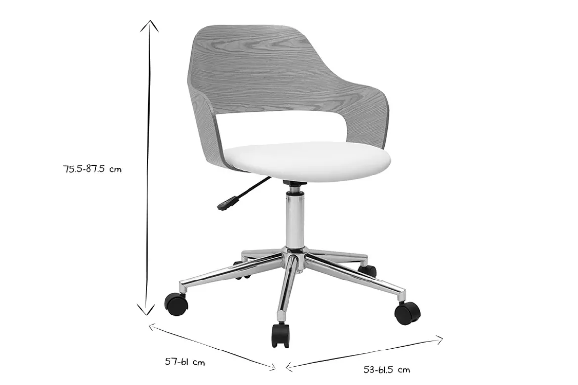 Chaise de bureau à roulettes design blanc, bois clair chêne et acier chromé JANET