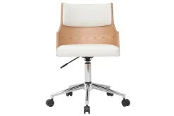 Chaise de bureau à roulettes design blanc, bois clair et acier chromé MAYOL