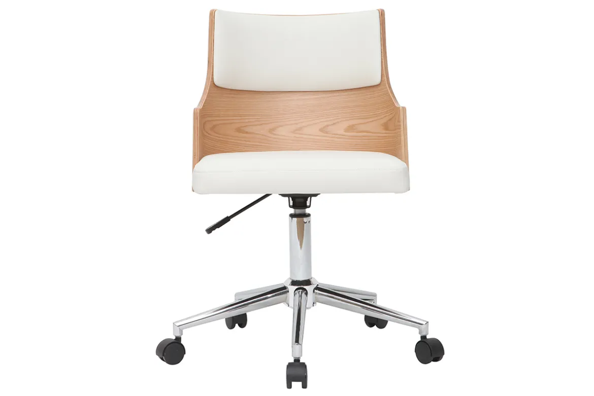 Chaise de bureau à roulettes design blanc, bois clair et acier chromé MAYOL