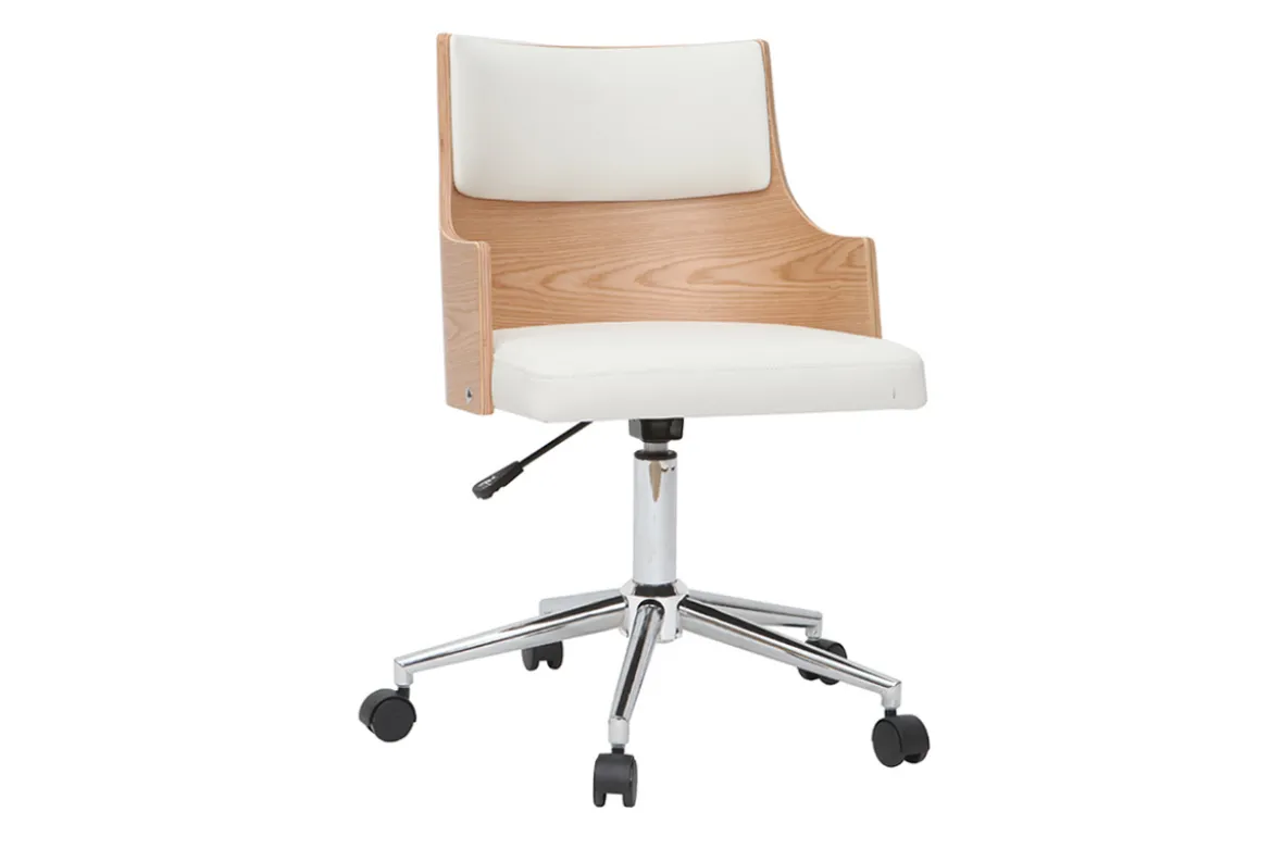 Chaise de bureau à roulettes design blanc, bois clair et acier chromé MAYOL