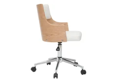 Chaise de bureau à roulettes design blanc, bois clair et acier chromé MAYOL