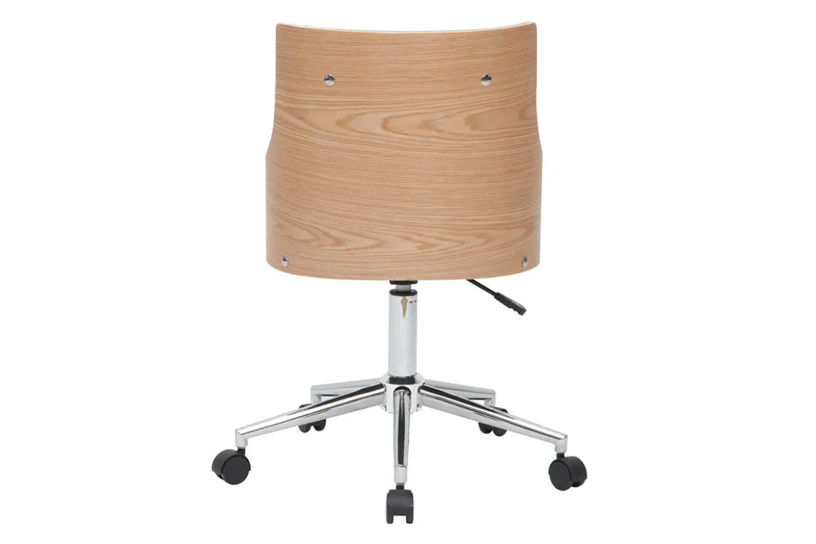 Chaise de bureau à roulettes design blanc, bois clair et acier chromé MAYOL