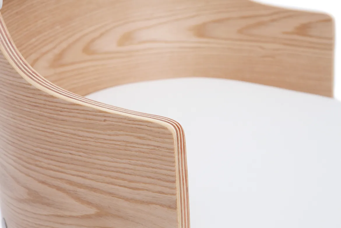 Chaise de bureau à roulettes design blanc, bois clair et acier chromé MAYOL